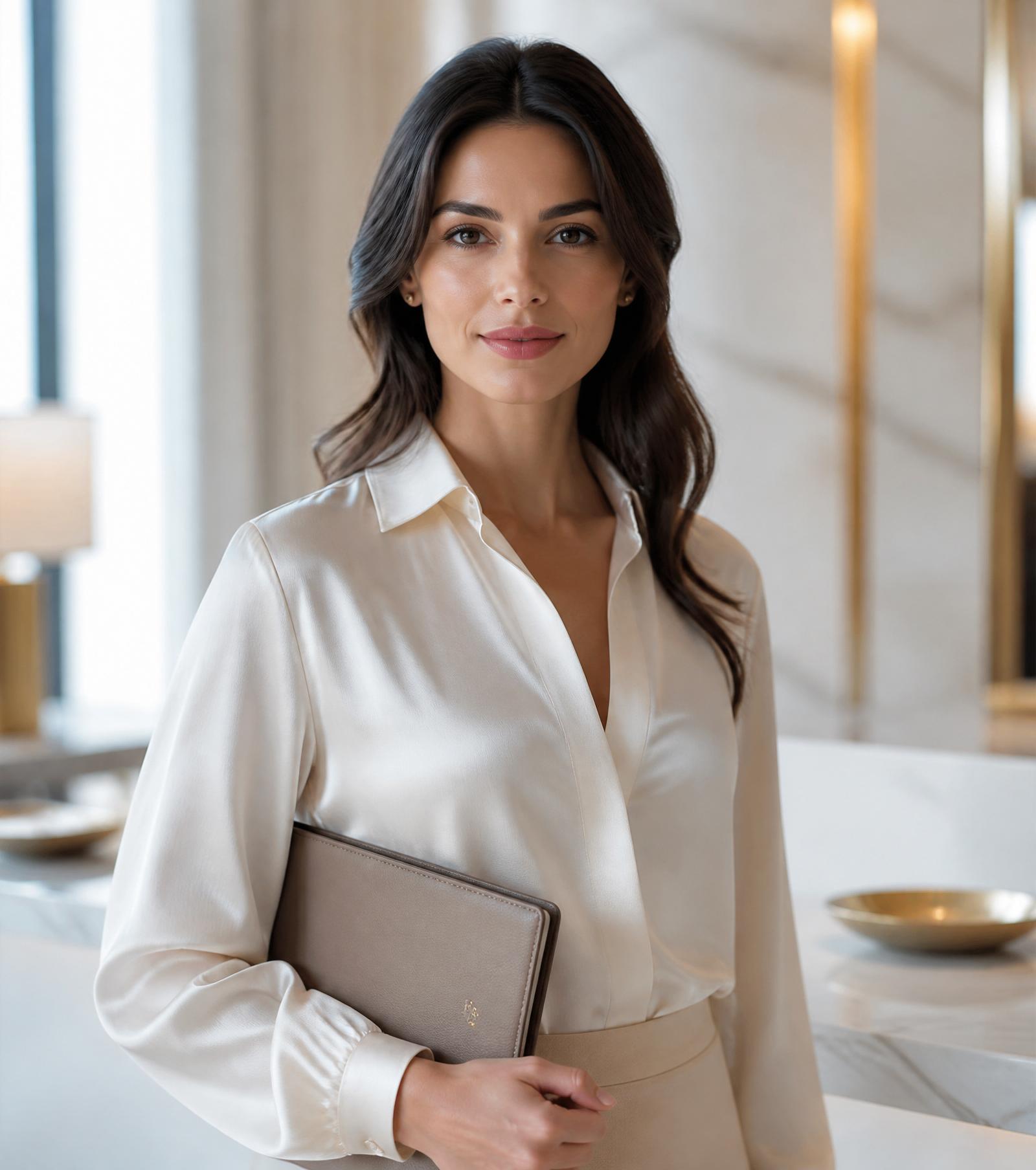 A poised personal concierge in a light-filled marble interior